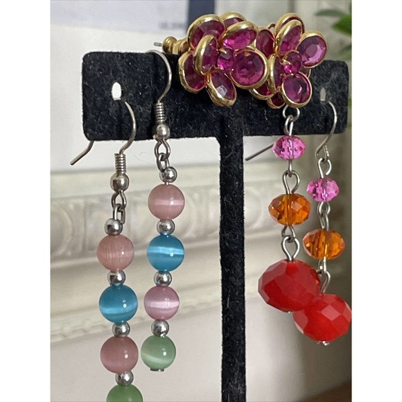 Bead Dangle Earrings Red Pink Orange Blue Cat Eye Stone Cluster Flower Pierced - Picture 1 of 7